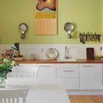 Lime green walls in the kitchen with shelves