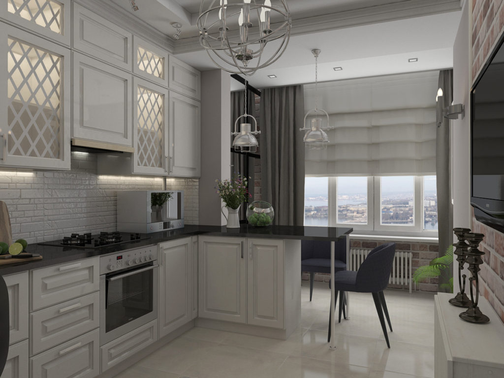 Virtuvės dizainas, kurio plotas yra 12 kvadratinių metrų, suderinus su balkonu