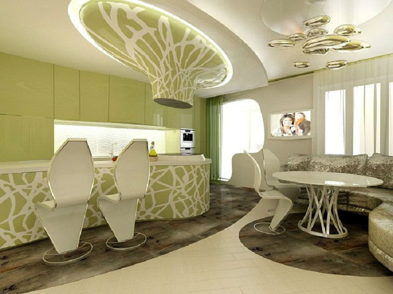 Interiorul bucătăriei-sufragerie în stil bionic