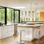 Furniture in a spacious kitchen with lots of windows