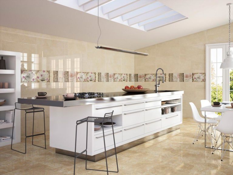 Large kitchen island in the center of a spacious room