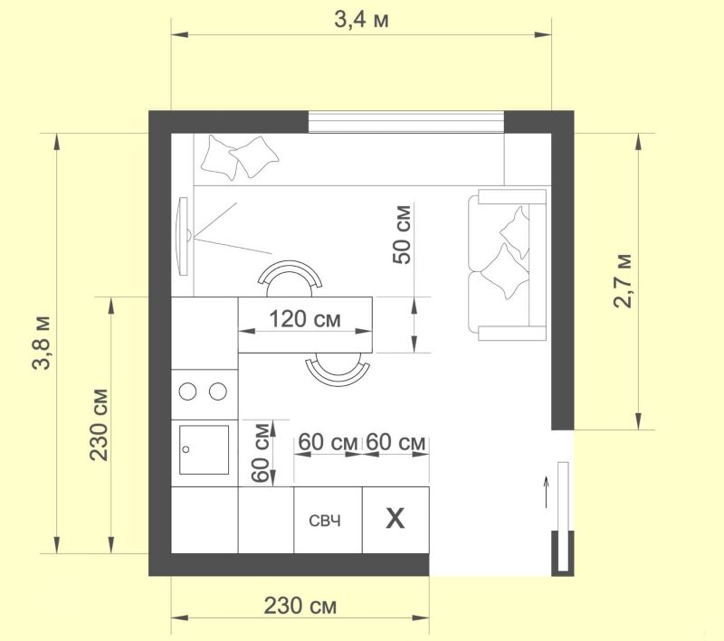 De indeling van meubels en apparaten in de keuken met een oppervlakte van 12 vierkante meter