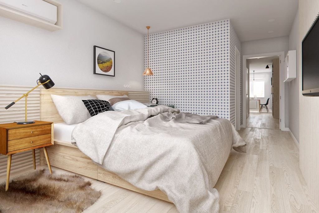 פנים חדר שינה בסגנון סקנדינבי עם טפטים
