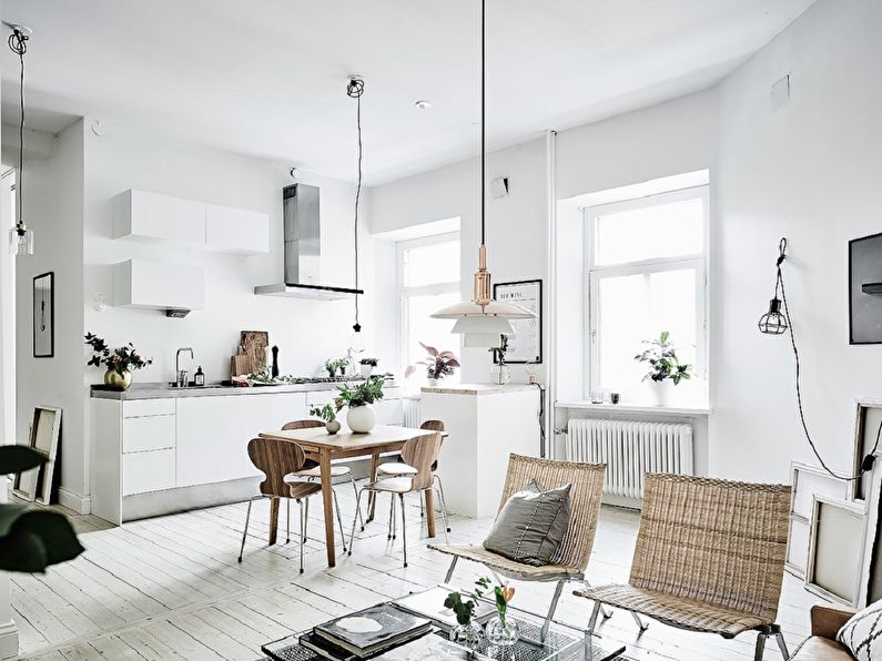 Interiorul bucătăriei în stil scandinav luminos