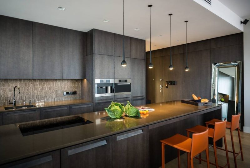 Kuhinjski interijer visoke tehnologije u tamnoj boji