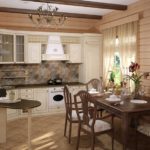 Rohová klasická kuchyň a jídelní kout v dřevěném domě