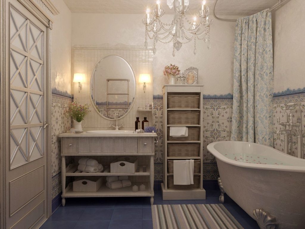 אווירה נעימה של חדר אמבטיה בסגנון פרובנס