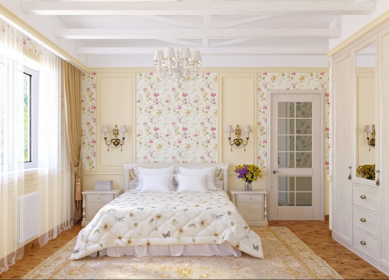 חדר שינה עם תקרה מובלטת בצבעים בהירים.