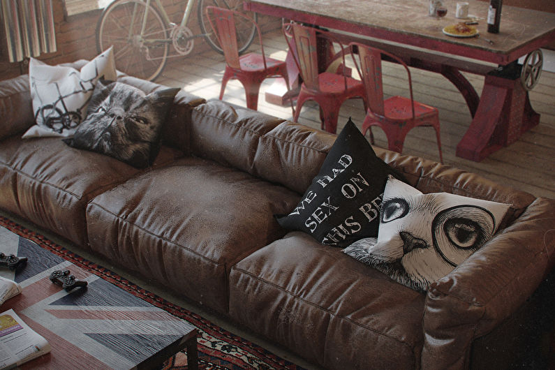 Katad na sofa sa kusina sa estilo ng loft