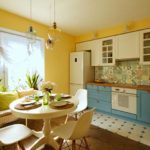 Dzeltenas sienas ēdamistabas virtuvē