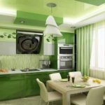Green facades of a kitchen set