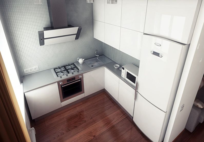 Weiße Fronten eines Küchensets mit glänzender Oberfläche