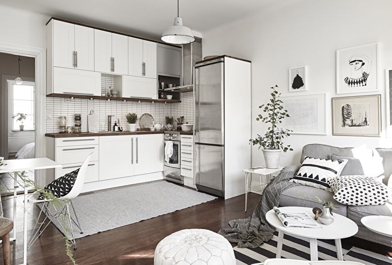 Bucătărie-living cu un set alb