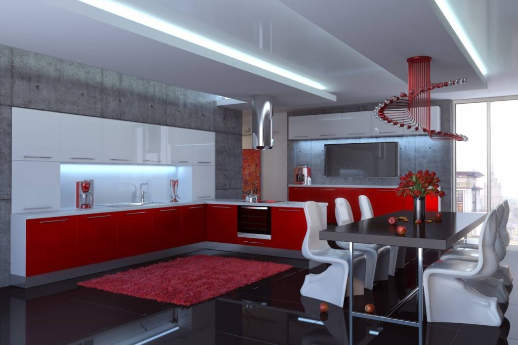 Design of a dining room kitchen in a technical style.