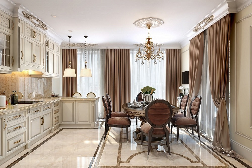 Design of a spacious classic-style kitchen-dining room