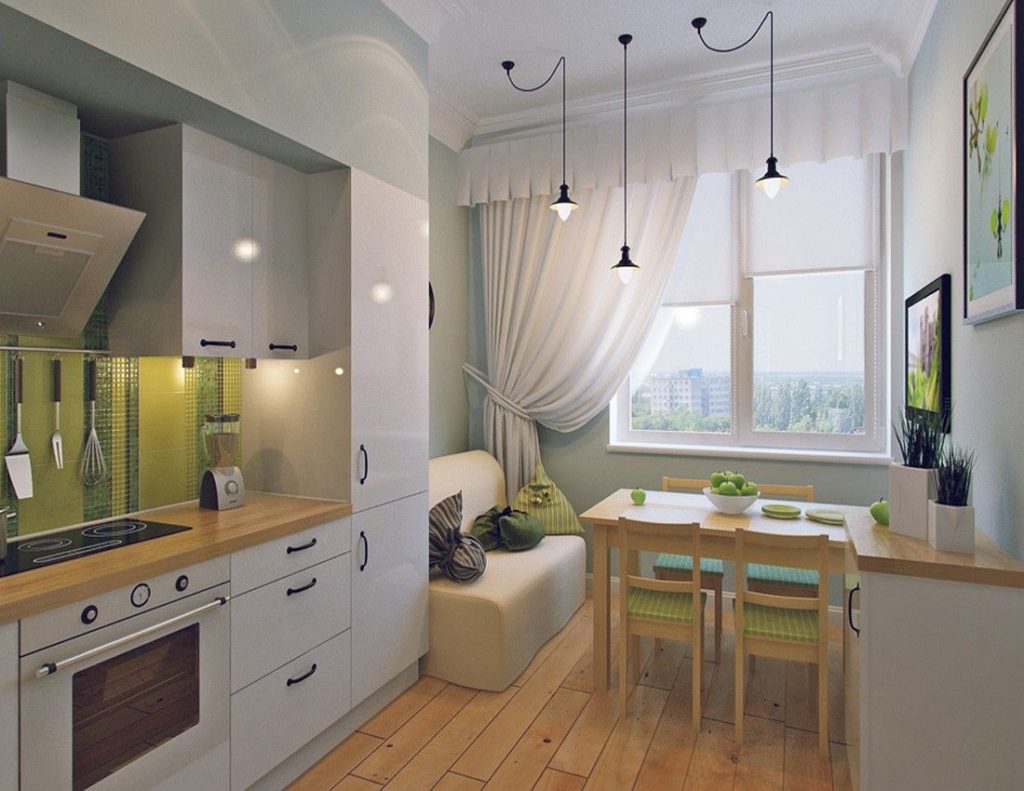 Proiectează o bucătărie compactă-sufragerie într-un apartament mic