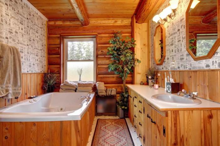 פנים חדר אמבטיה בבית עץ בסגנון כפרי