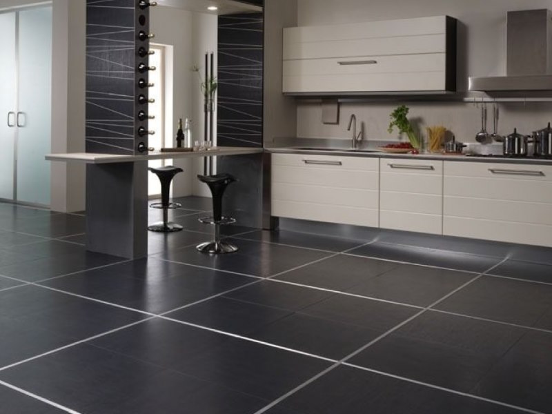 Large-format porcelain tile on the kitchen floor