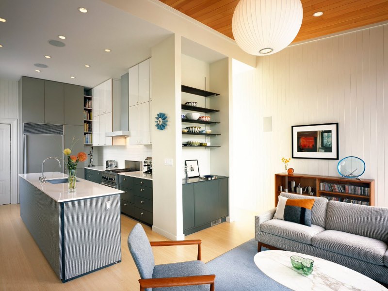 تصميم غرفة المعيشة المطبخ على شكل مستطيل