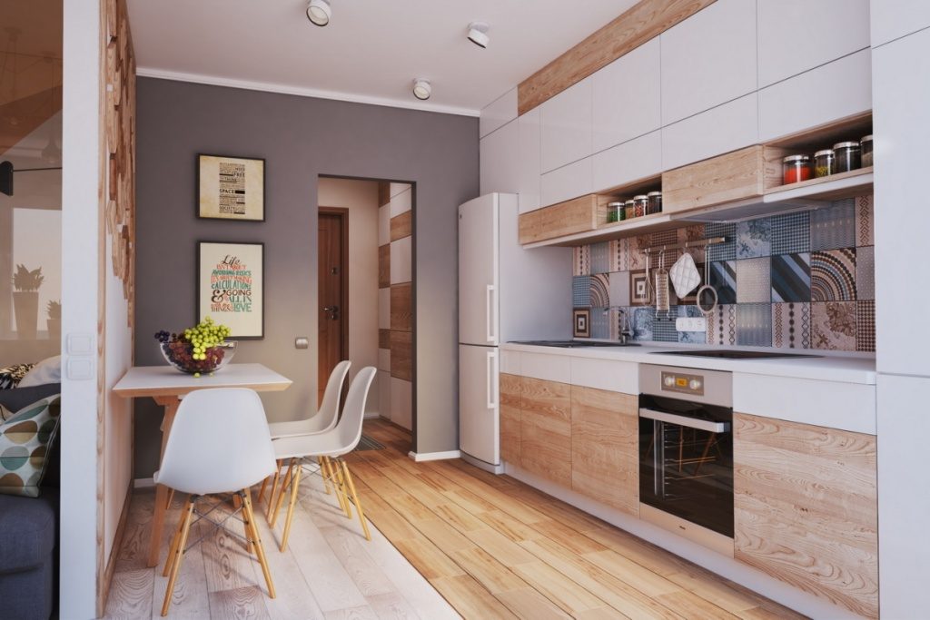 Conception d'une cuisine rectangulaire avec des meubles linéaires