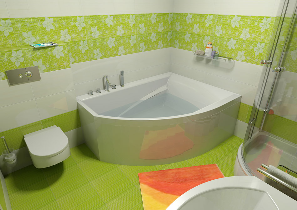אמבטיה אקרילית בצורת פינת בחדר הרחצה המשולב
