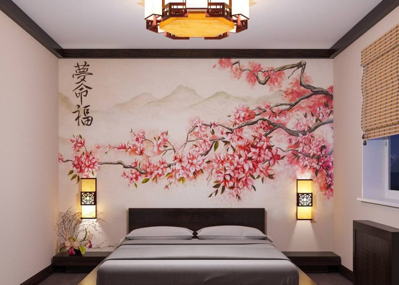 Sakura na nástěnné malbě v japonské ložnici