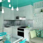 Turquoise ceiling in the interior of the kitchen