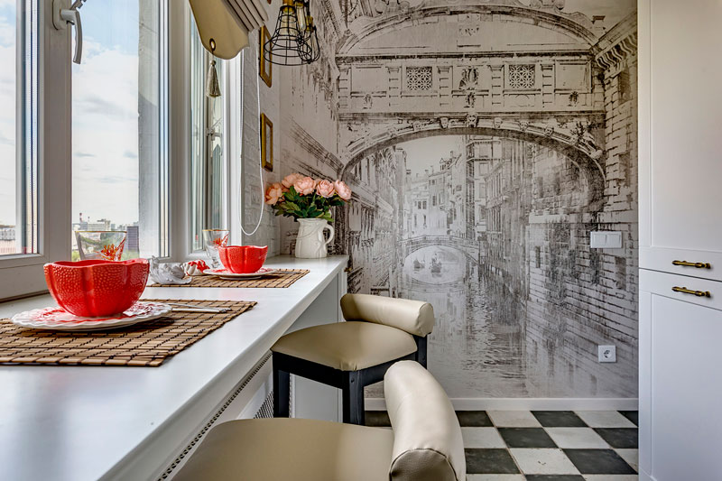 Wall mural in a small classic kitchen