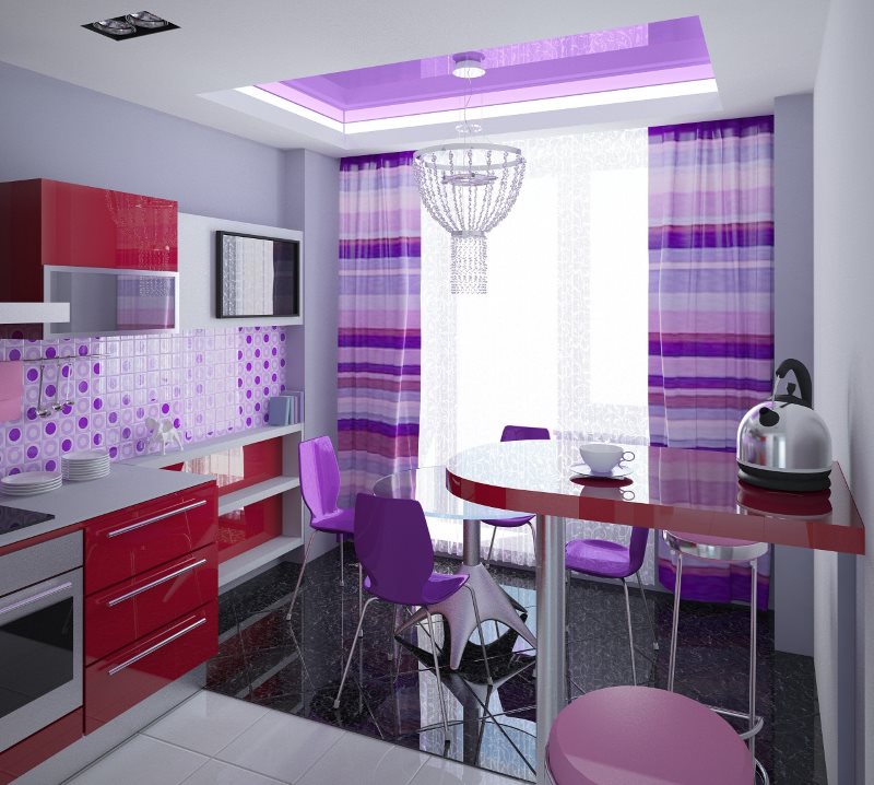 Projekt kuchni w stylu pop-art z fioletowymi zasłonami.