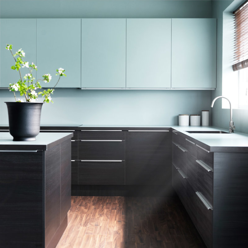 Minimalist style turquoise kitchen interior