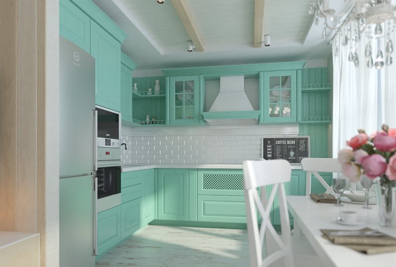 Design of a small kitchen with mint furniture