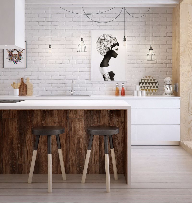 Zid de cărămidă albă într-o bucătărie modernă