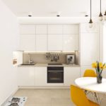 Dzelteni krēsli minimālisma stila virtuvē