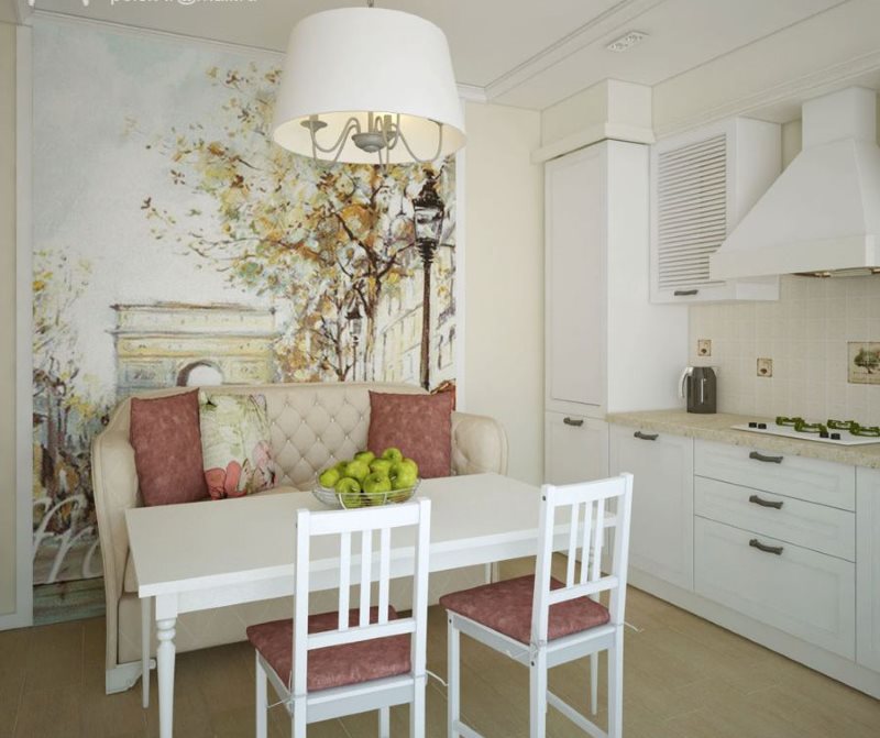White kitchen with sofa in the dining area