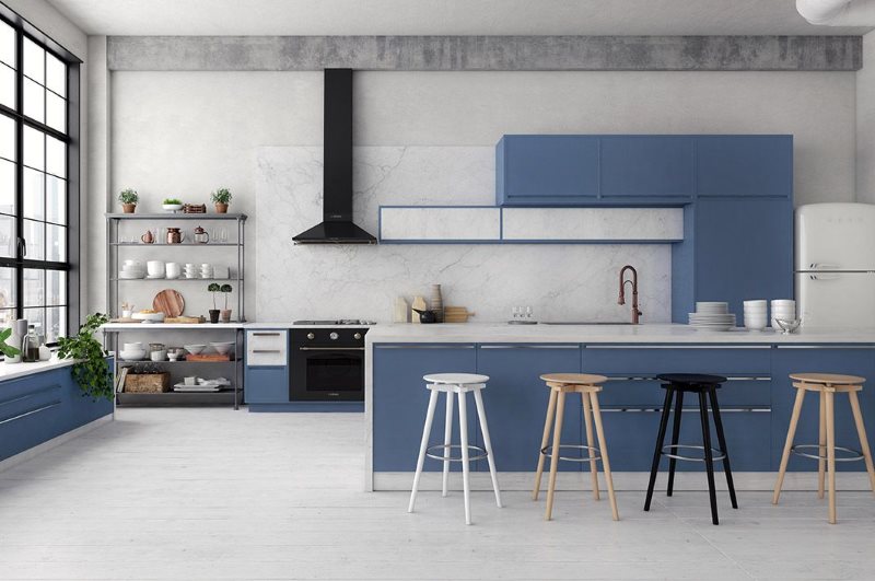 Màu xanh đặt trong nhà bếp kiểu công nghiệp