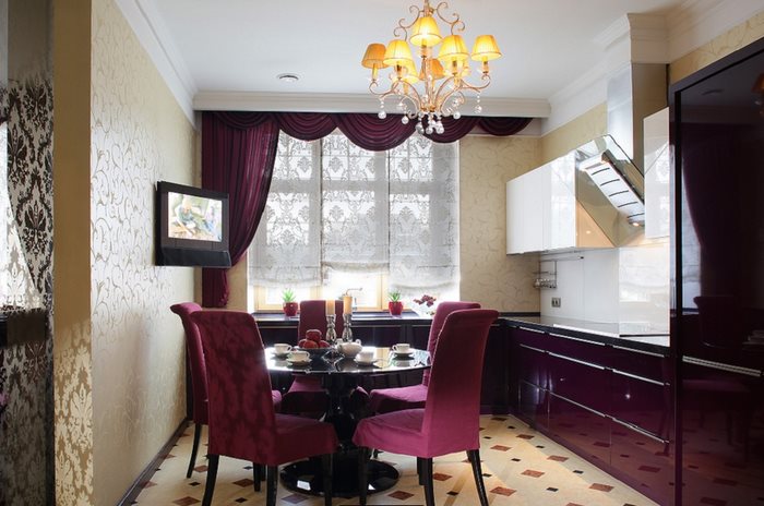 Art Deco style kitchen interior with eggplant color set