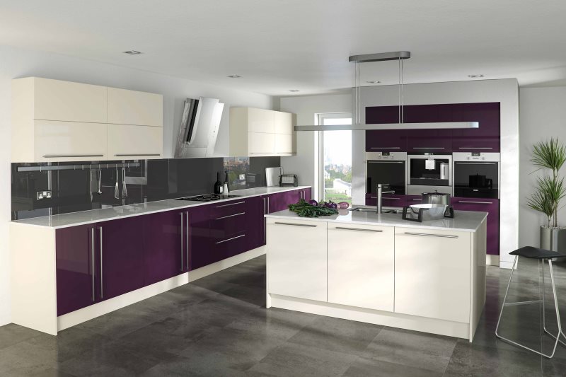 High-tech kitchen interior with eggplant color set