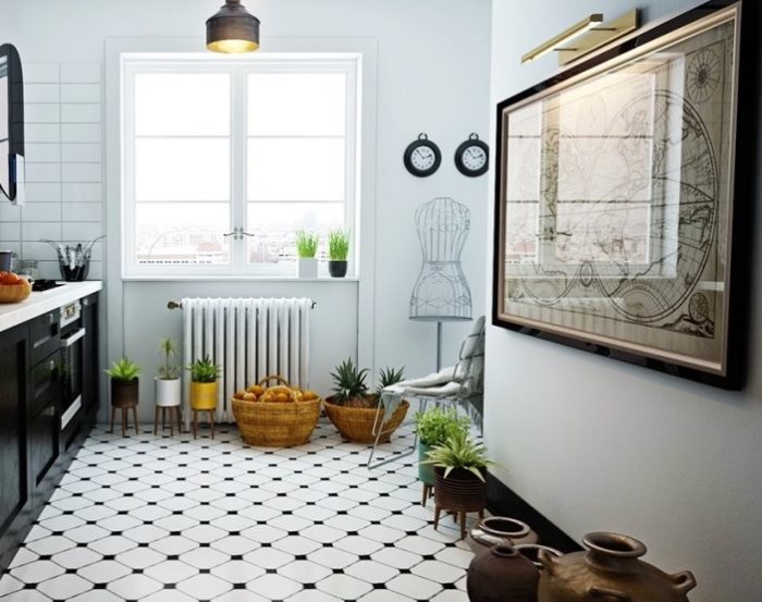 Nespalvotos skandinaviško stiliaus virtuvės grindys