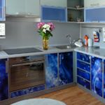 Blue-blue kitchen with photo printing