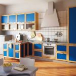 Blue cabinets with yellow trim