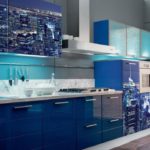 Blue kitchen with photo printing City