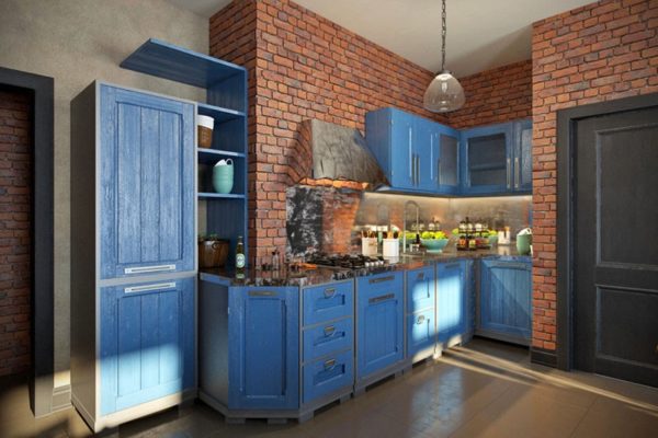 Bucătărie albastru în stil mansardă