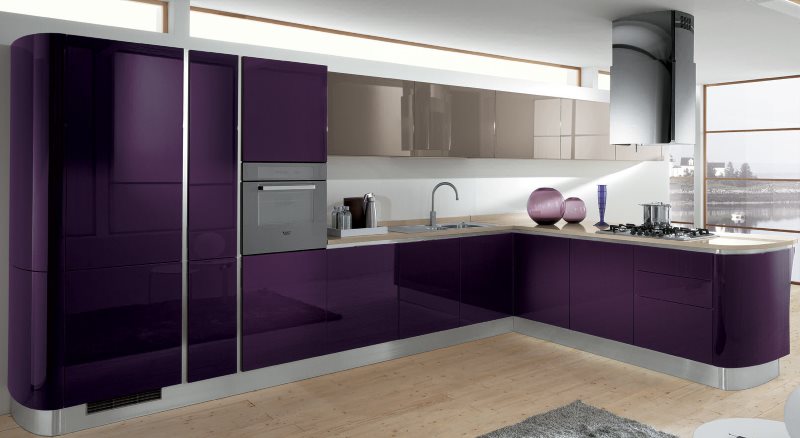 Eggplant kitchen with a peninsula in a modern style