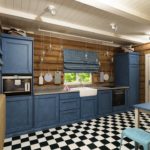 Navy furniture and blue checkered kitchen curtains with wood trim