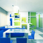Bright blue-green kitchen