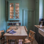 Turquoise walls of a small kitchen