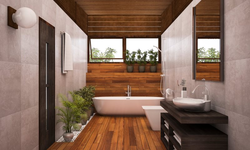 أرضية حمام خشبية مع جدران رخامية