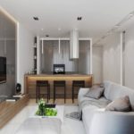 Návrh obývacího pokoje s dlouhou kuchyní