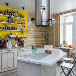 Striped wallpaper in the kitchen with a balcony