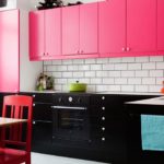 Black cabinets and pink hanging cabinets
